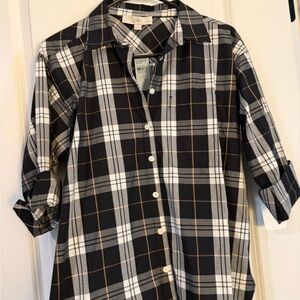 LOFT Black, White & Tan Plaid Button-Down Shirt